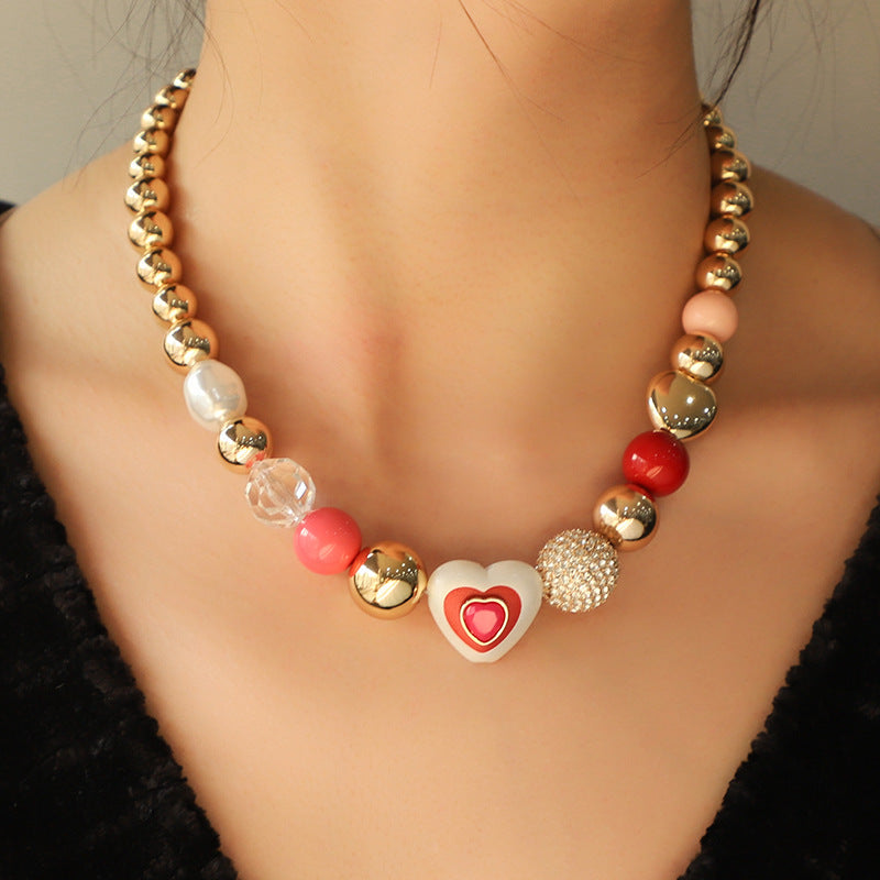 UrbanAzhagi™ Heart Peach Pearl Bracelet &amp; Necklace Set