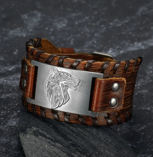 UrbanAzhagi™ Asgard Crafted Leather Buckle Arm Cuff – Fenrir Edition